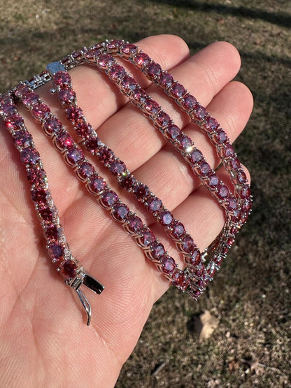 Pink MOISSANITE Tennis Chain Necklace Iced Out - 925 Silver - 5mm - 16"-28"