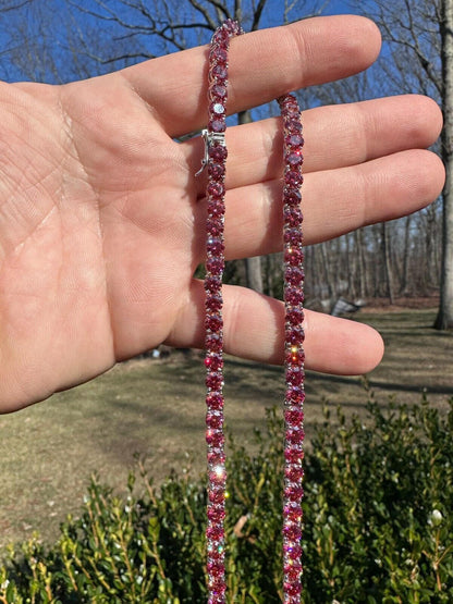 Pink MOISSANITE Tennis Chain Necklace Iced Out - 925 Silver - 5mm - 16"-28"