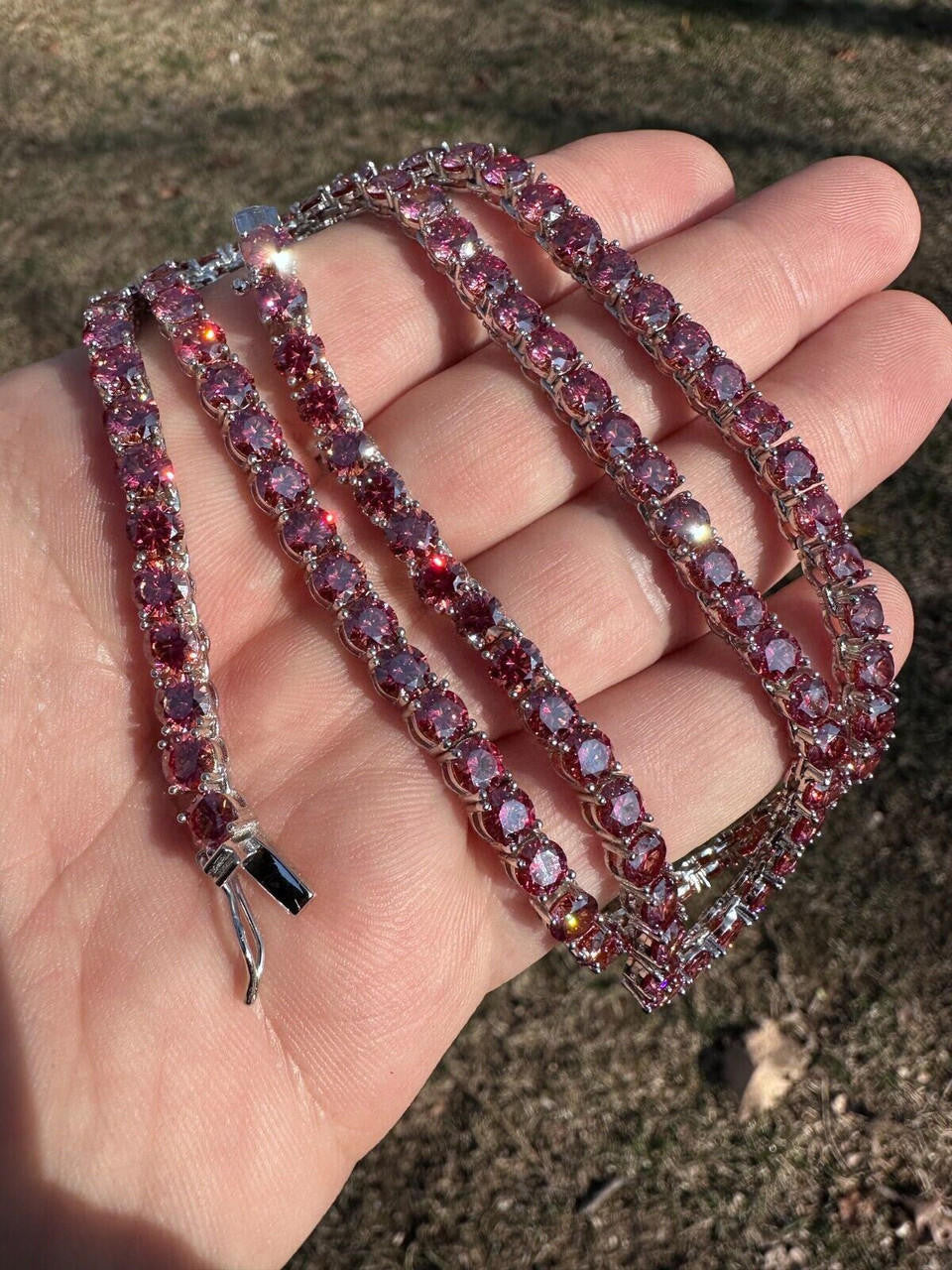 Pink MOISSANITE Tennis Chain Necklace Iced Out - 925 Silver - 5mm - 16"-28"