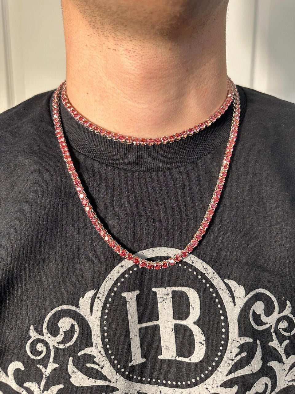 Pink MOISSANITE Tennis Chain Necklace Iced Out - 925 Silver - 5mm - 16"-28"