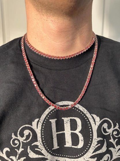 Pink MOISSANITE Tennis Chain Necklace Iced Out - 925 Silver - 5mm - 16"-28"