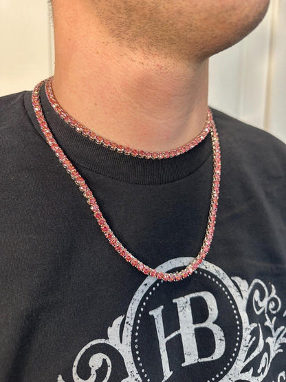 Pink MOISSANITE Tennis Chain Necklace Iced Out - 925 Silver - 5mm - 16"-28"
