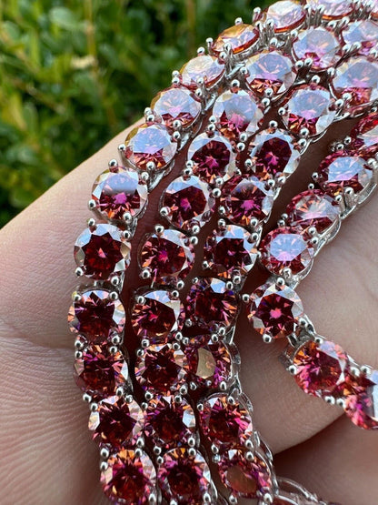 Pink MOISSANITE Tennis Chain Necklace Iced Out - 925 Silver - 5mm - 16"-28"