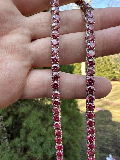 Pink MOISSANITE Tennis Chain Necklace Iced Out - 925 Silver - 5mm - 16"-28"