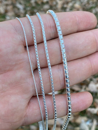 Rounded Box Link Chain Necklace - 925 Sterling Silver - 16"-30" - 1mm-3mm