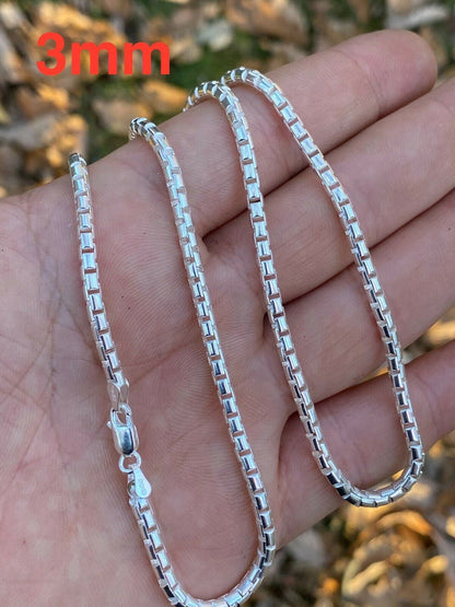 Rounded Box Link Chain Necklace - 925 Sterling Silver - 16"-30" - 1mm-3mm