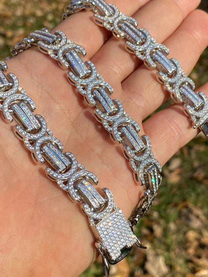 Byzantine Link Chain Necklace Iced Out CZ Stones - 925 Silver - 14mm - 18"-30"