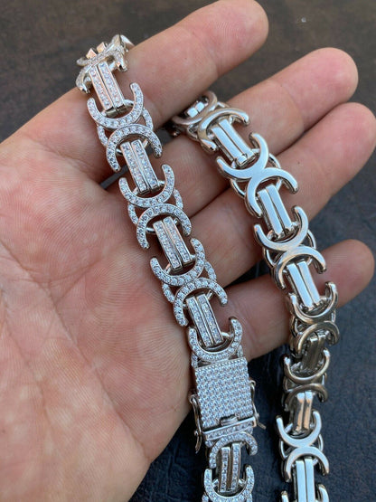 Byzantine Link Chain Necklace Iced Out CZ Stones - 925 Silver - 14mm - 18"-30"