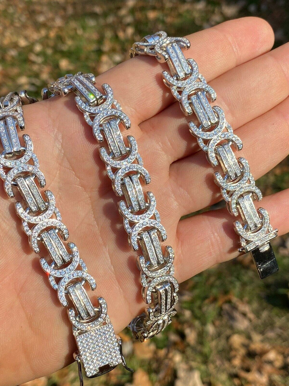 Byzantine Link Chain Necklace Iced Out CZ Stones - 925 Silver - 14mm - 18"-30"