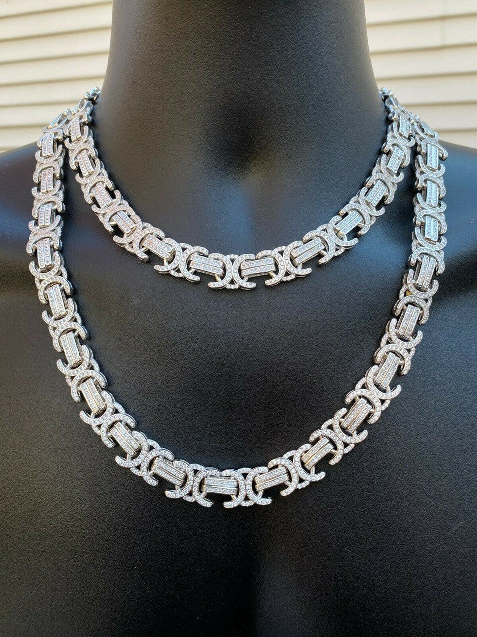 Byzantine Link Chain Necklace Iced Out CZ Stones - 925 Silver - 14mm - 18"-30"