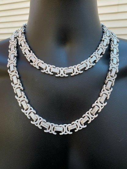 Byzantine Link Chain Necklace Iced Out CZ Stones - 925 Silver - 14mm - 18"-30"