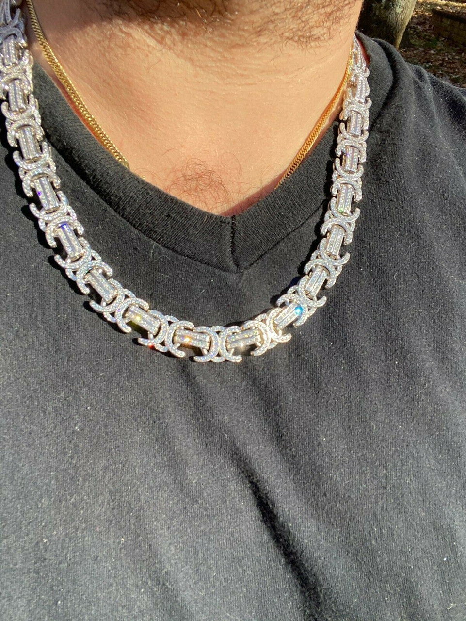 Byzantine Link Chain Necklace Iced Out CZ Stones - 925 Silver - 14mm - 18"-30"