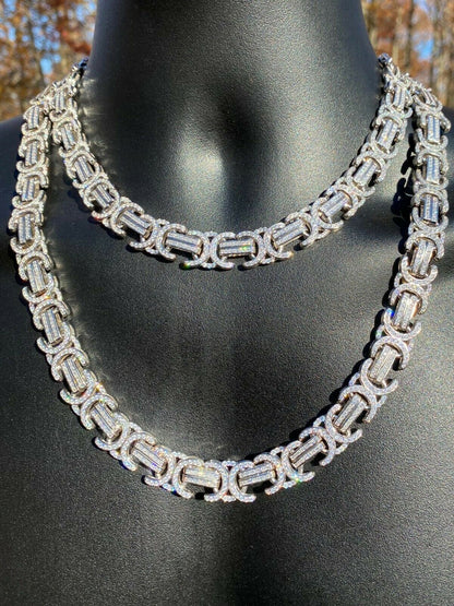 Byzantine Link Chain Necklace Iced Out CZ Stones - 925 Silver - 14mm - 18"-30"