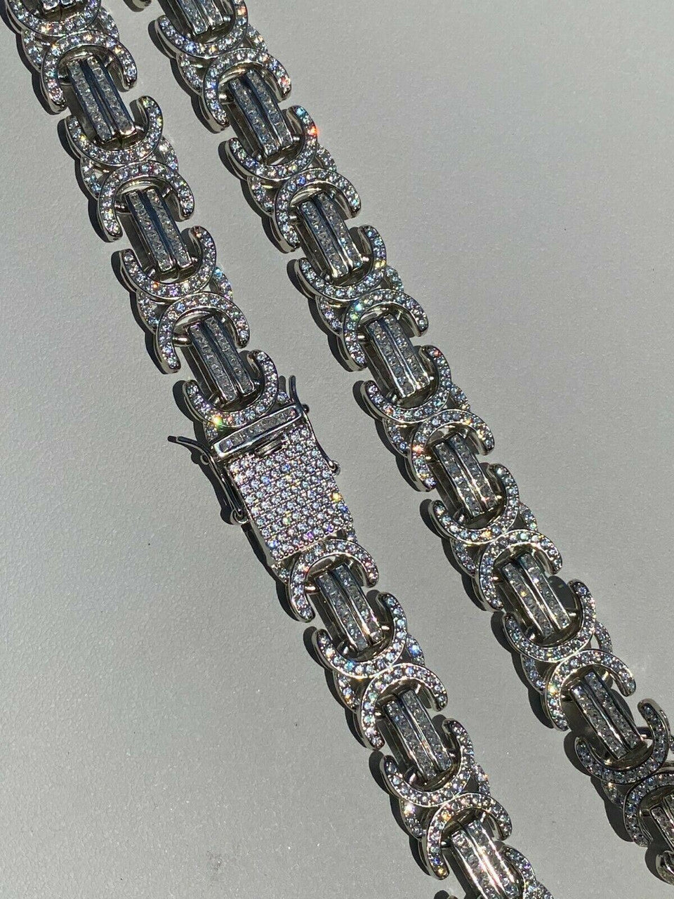 Byzantine Link Chain Necklace Iced Out CZ Stones - 925 Silver - 14mm - 18"-30"