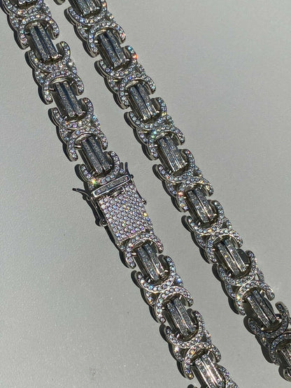 Byzantine Link Chain Necklace Iced Out CZ Stones - 925 Silver - 14mm - 18"-30"