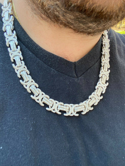 Byzantine Link Chain Necklace Iced Out CZ Stones - 925 Silver - 14mm - 18"-30"
