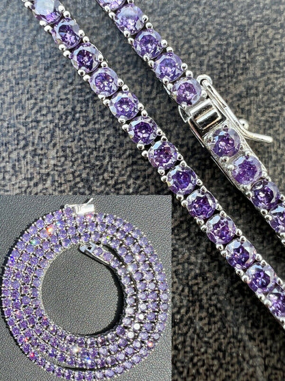 Tennis Chain Necklace Iced Out Purple CZ Stones - 925 Silver - 3mm - 16"-28"