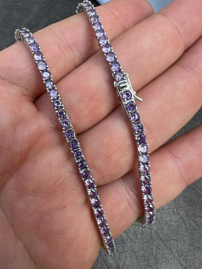 Tennis Chain Necklace Iced Out Purple CZ Stones - 925 Silver - 3mm - 16"-28"
