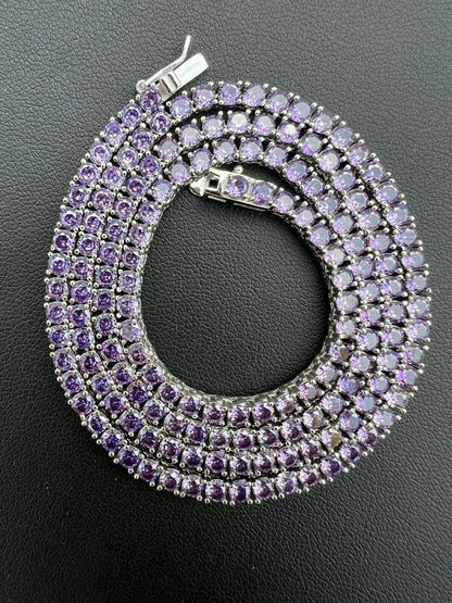 Tennis Chain Necklace Iced Out Purple CZ Stones - 925 Silver - 3mm - 16"-28"