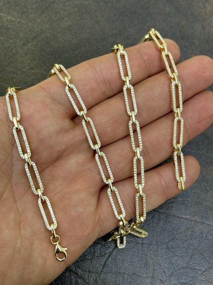 Paperclip Chain Necklace Iced Out CZ Stones - 14k Gold Vermeil 925 Silver - 5mm - 14-24"
