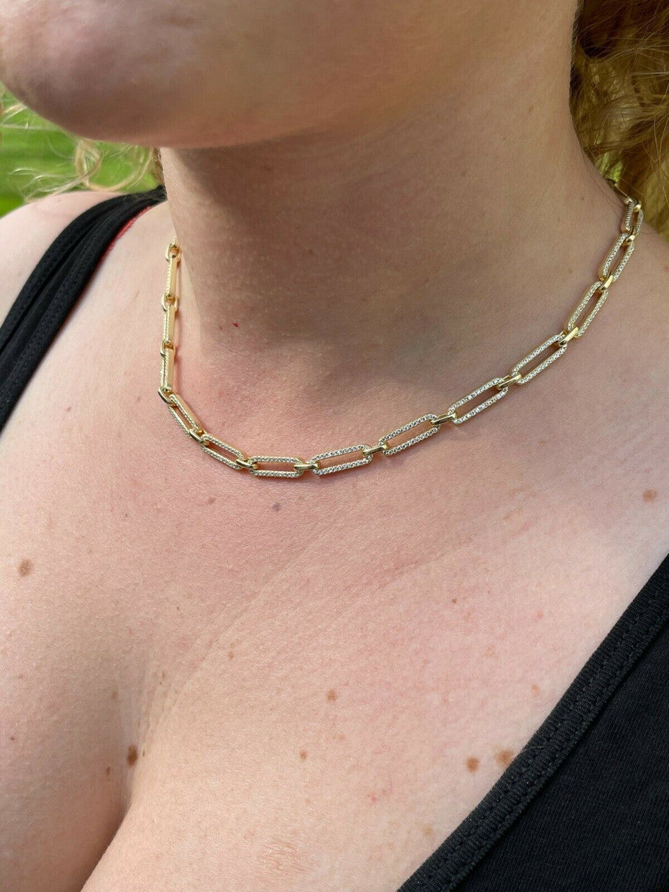 Paperclip Chain Necklace Iced Out CZ Stones - 14k Gold Vermeil 925 Silver - 5mm - 14-24"