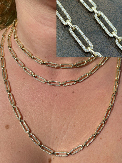 Paperclip Chain Necklace Iced Out CZ Stones - 14k Gold Vermeil 925 Silver - 5mm - 14-24"