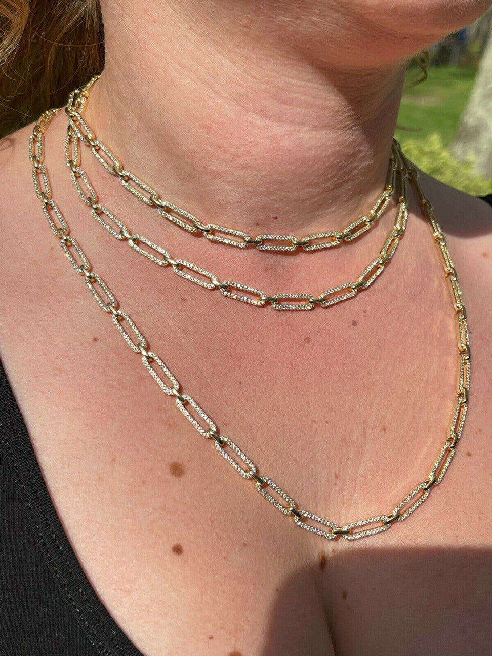 Paperclip Chain Necklace Iced Out CZ Stones - 14k Gold Vermeil 925 Silver - 5mm - 14-24"