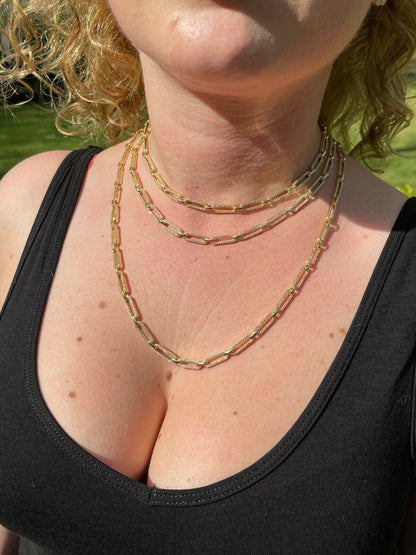 Paperclip Chain Necklace Iced Out CZ Stones - 14k Gold Vermeil 925 Silver - 5mm - 14-24"