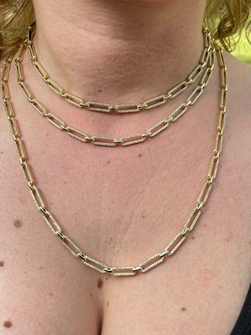 Paperclip Chain Necklace Iced Out CZ Stones - 14k Gold Vermeil 925 Silver - 5mm - 14-24"