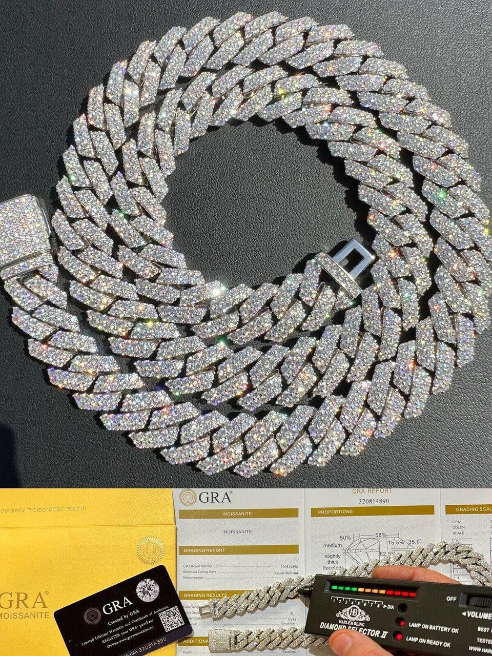 MOISSANITE Classic Prong Cuban Necklace Chain - 925 Silver - 14mm - 16"-30"