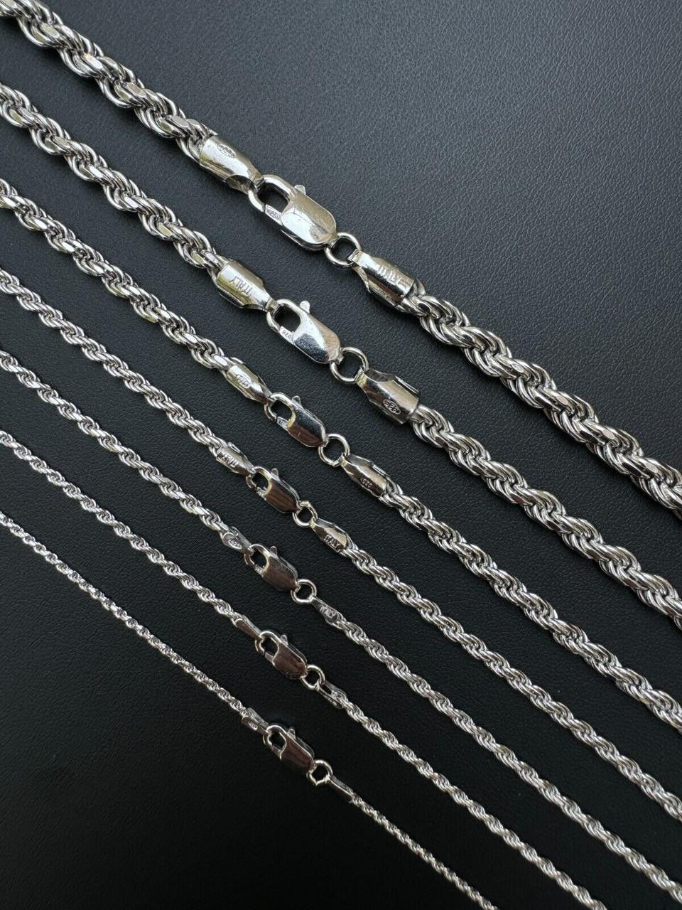 Rope Chain Necklace - Rhodium Finish 925 Sterling Silver - 16"-30" - 1.5mm-6mm