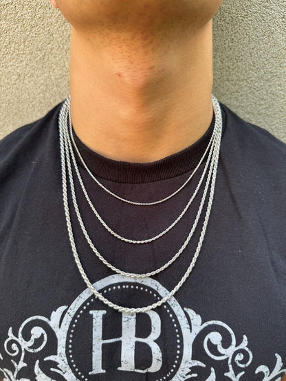 Rope Chain Necklace - Rhodium Finish 925 Sterling Silver - 16"-30" - 1.5mm-6mm