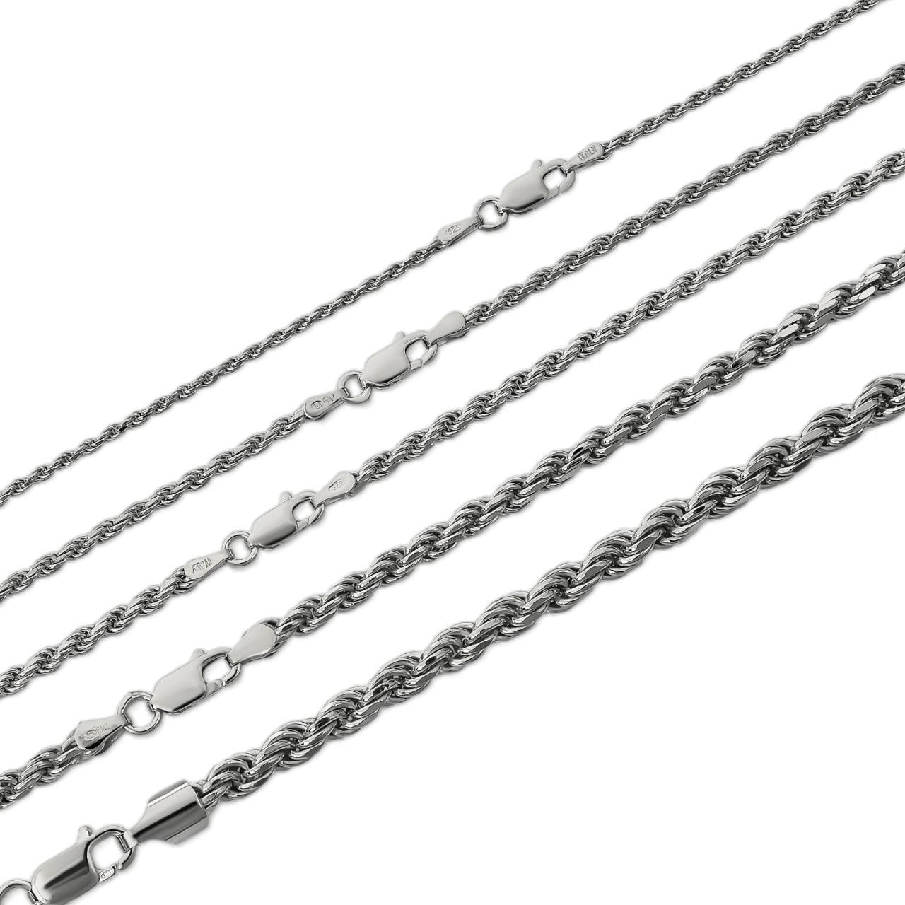 Rope Chain Necklace - Rhodium Finish 925 Sterling Silver - 16"-30" - 1.5mm-6mm