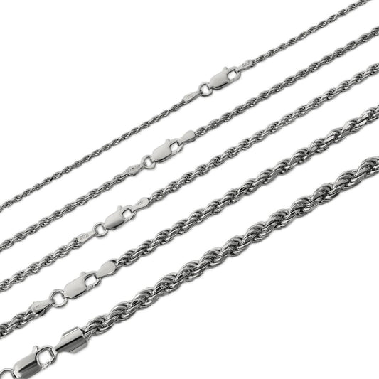 Rope Chain Necklace - Rhodium Finish 925 Sterling Silver - 16"-30" - 1.5mm-6mm