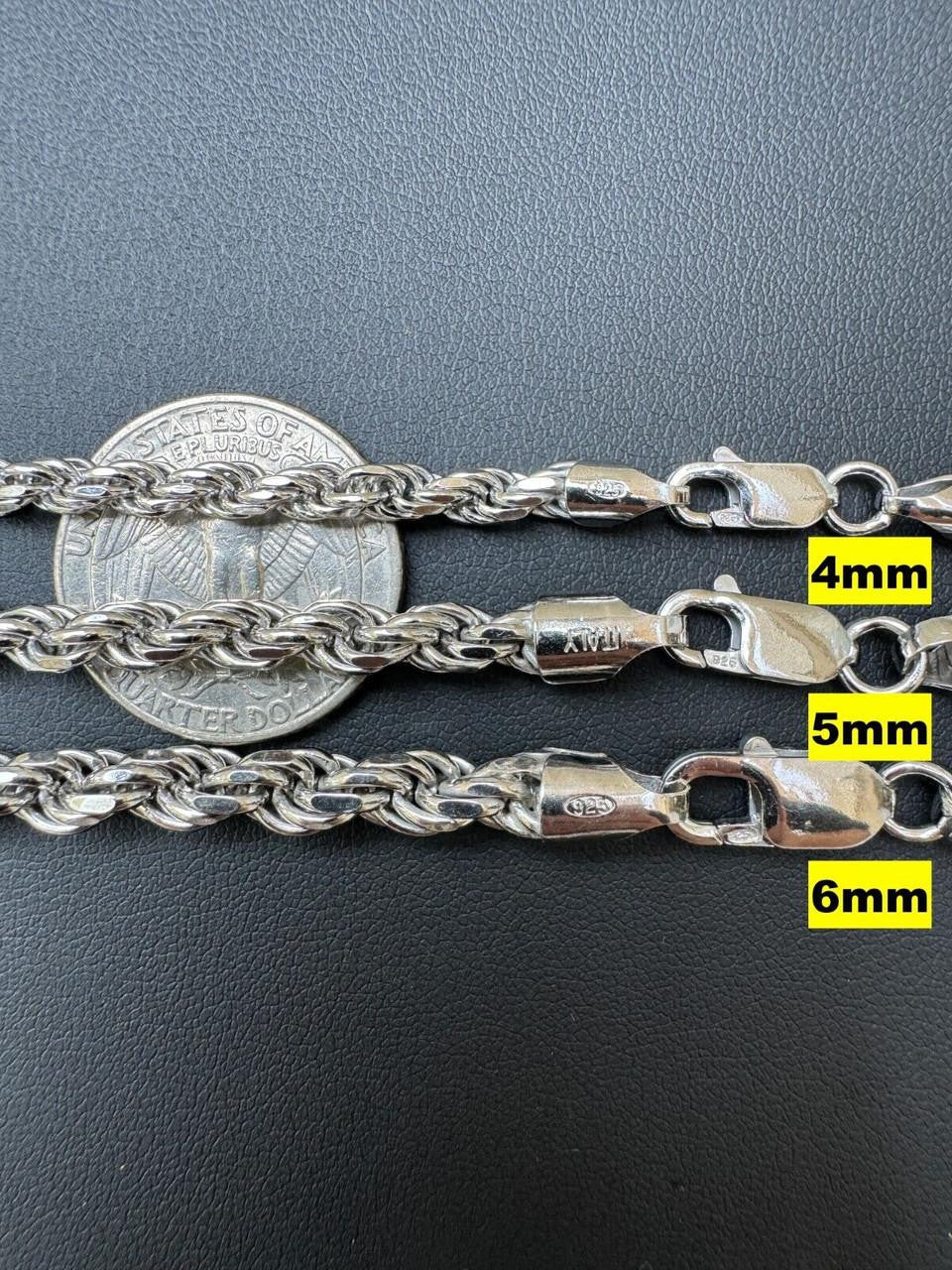 Rope Chain Necklace - Rhodium Finish 925 Sterling Silver - 16"-30" - 1.5mm-6mm