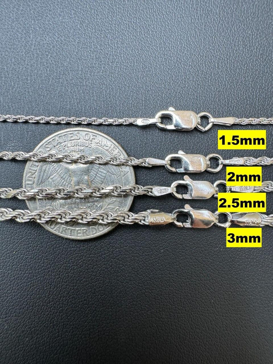 Rope Chain Necklace - Rhodium Finish 925 Sterling Silver - 16"-30" - 1.5mm-6mm