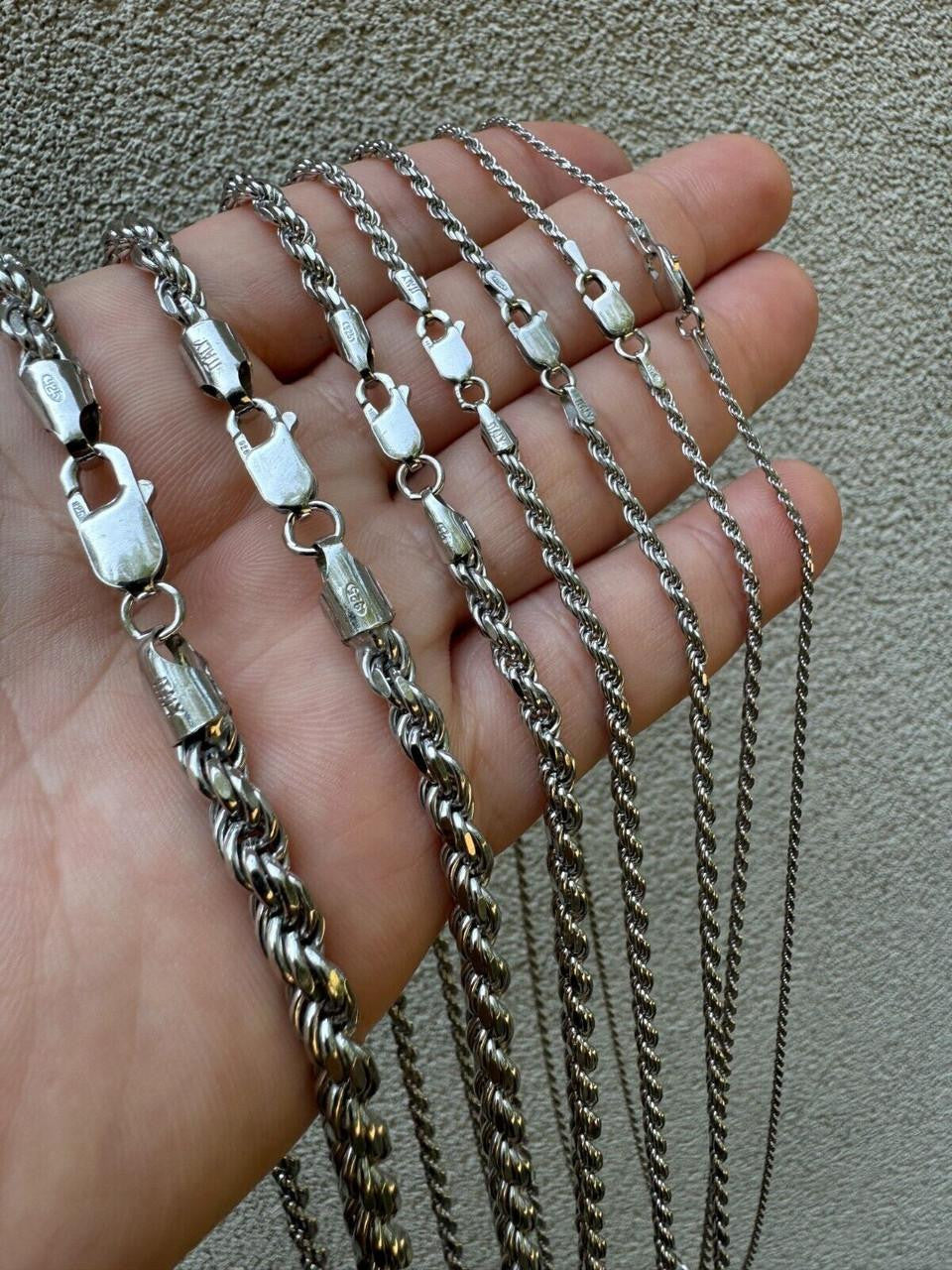 Rope Chain Necklace - Rhodium Finish 925 Sterling Silver - 16"-30" - 1.5mm-6mm