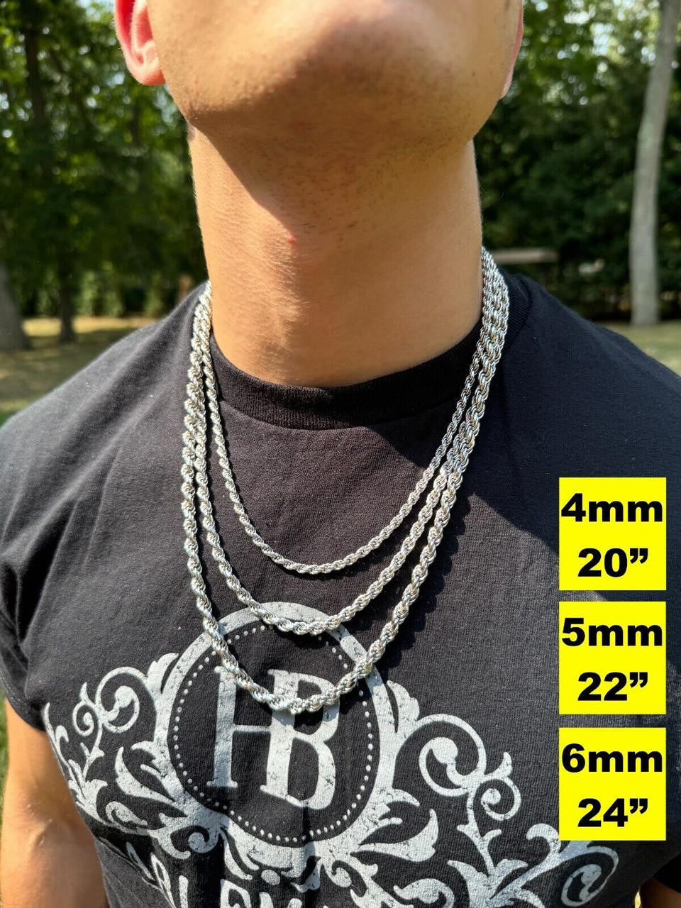 Rope Chain Necklace - Rhodium Finish 925 Sterling Silver - 16"-30" - 1.5mm-6mm