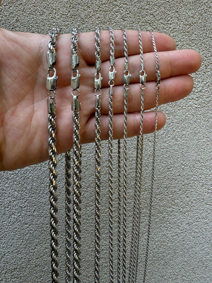 Rope Chain Necklace - Rhodium Finish 925 Sterling Silver - 16"-30" - 1.5mm-6mm
