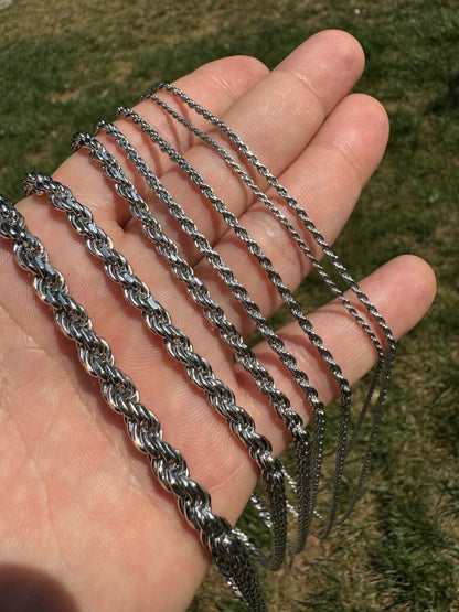 Rope Chain Necklace - Rhodium Finish 925 Sterling Silver - 16"-30" - 1.5mm-6mm