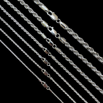 Rope Chain Necklace - Rhodium Finish 925 Sterling Silver - 16"-30" - 1.5mm-6mm