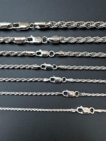 Rope Chain Necklace - Rhodium Finish 925 Sterling Silver - 16"-30" - 1.5mm-6mm