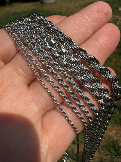 Rope Chain Necklace - Rhodium Finish 925 Sterling Silver - 16"-30" - 1.5mm-6mm