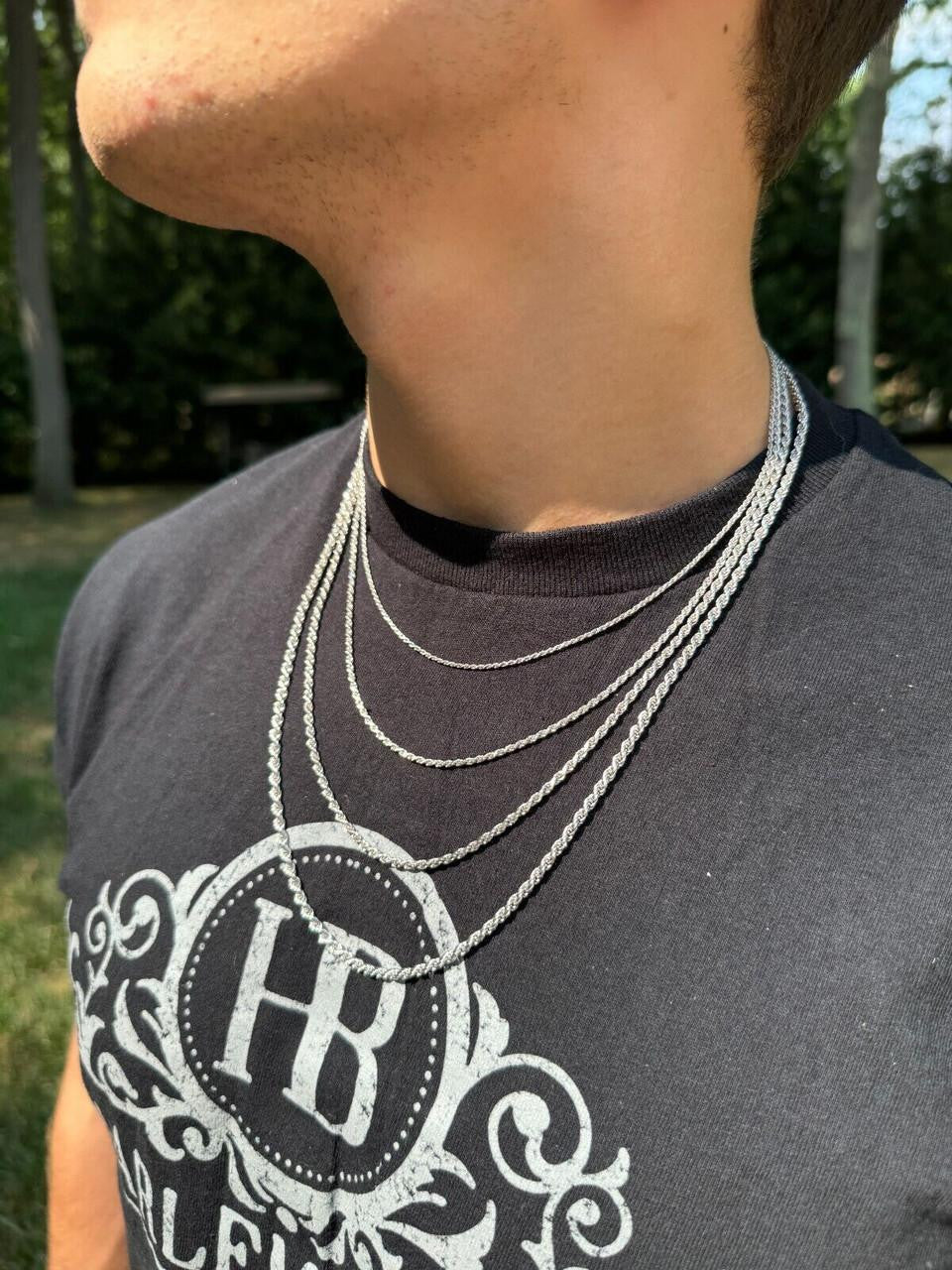 Rope Chain Necklace - Rhodium Finish 925 Sterling Silver - 16"-30" - 1.5mm-6mm